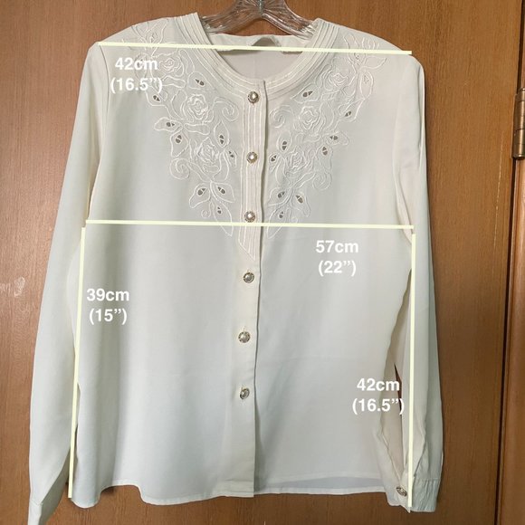Long Sleeve Embroidered Blazer Blouse with pearlescent buttons, padded shoulders - Picture 2 of 5